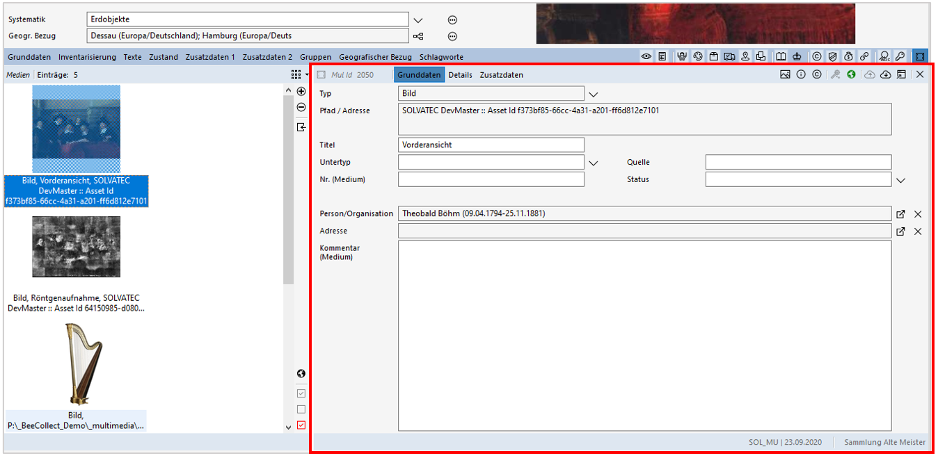 Bearbeitungsbereich Register Medien