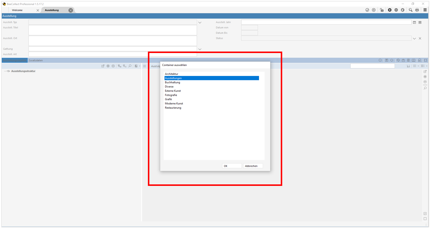 Dialogfenster Container auswählen Dialogfenster Container auswählen