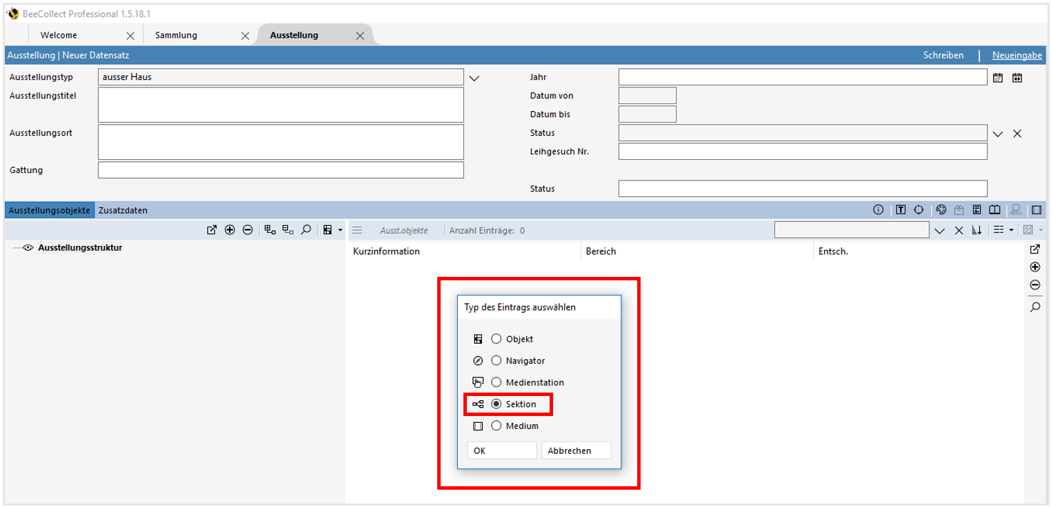 Dialogfenster Typ des Eintrags auswählen Dialogfenster Typ des Eintrags auswählen