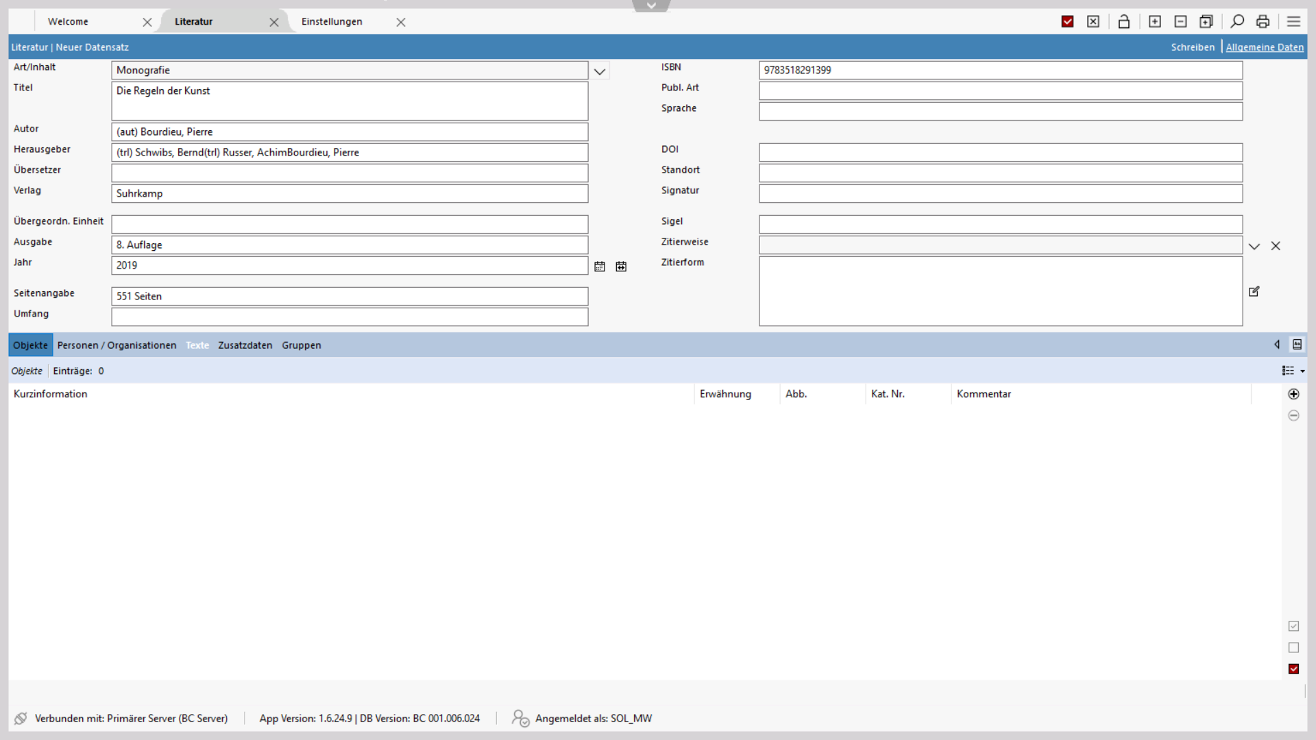 Neuer Datensatz nach dem Import Neuer Datensatz nach dem Import