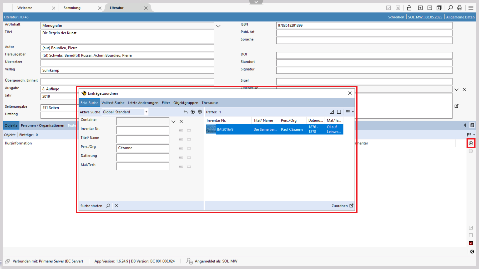 Sammlungsobjekt zuordnen Sammlungsobjekt zuordnen
