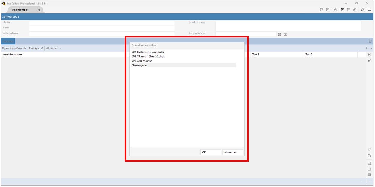 Fenster Container auswählen Fenster Container auswählen