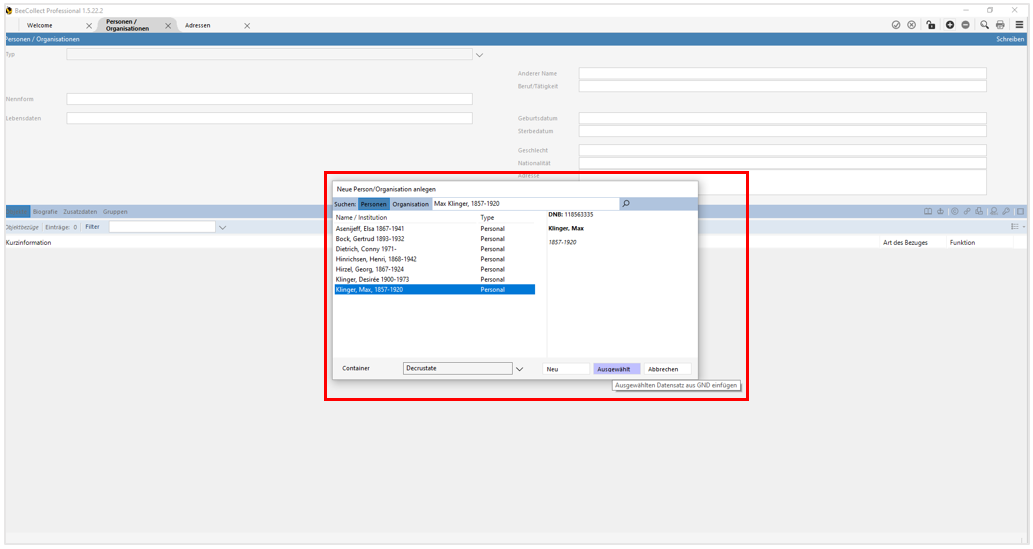 GND-Suchergebnis, Auswahl GND-Suchergebnis, Auswahl
