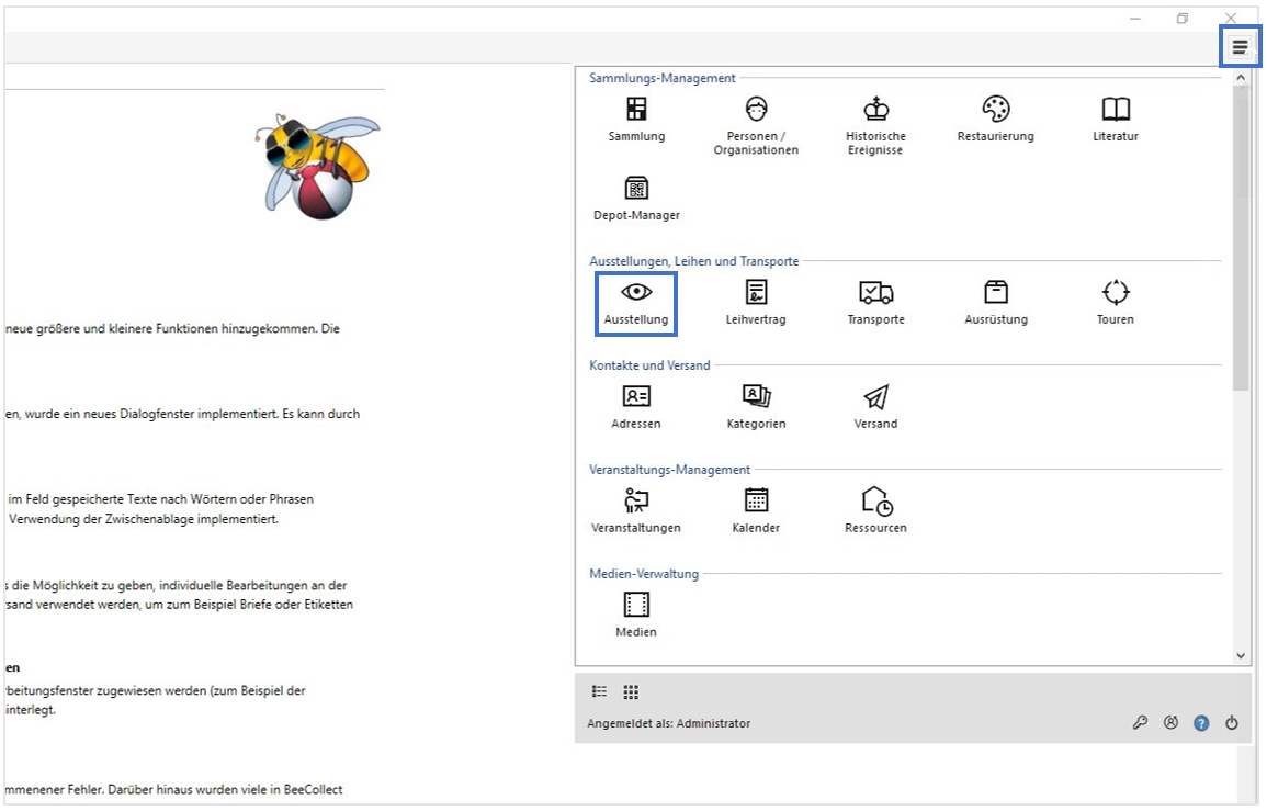 Das Modul Ausstellung im Menü von BeeCollect Professional Das Modul Ausstellung im Menü von BeeCollect Professional