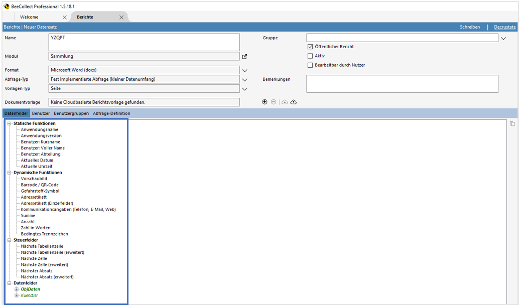 Datenfelder, Elemente Datenfelder, Elemente