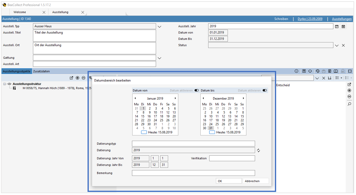 Dialogfenster Datumsbereich bearbeiten Dialogfenster Datumsbereich bearbeiten