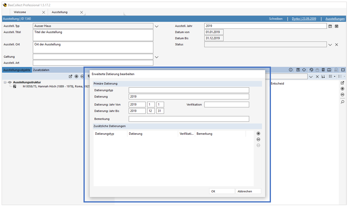 Dialogfenster Erweiterte Datierung bearbeiten Dialogfenster Erweiterte Datierung bearbeiten