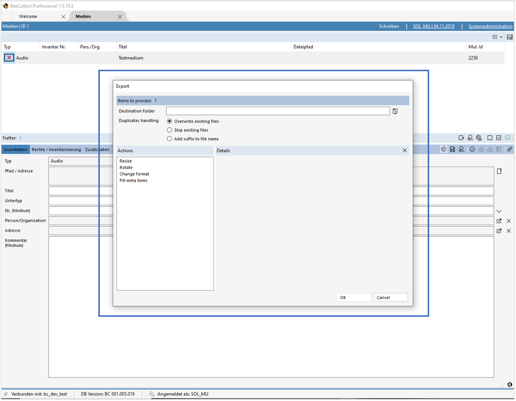 Dialogfenster Export Dialogfenster Export