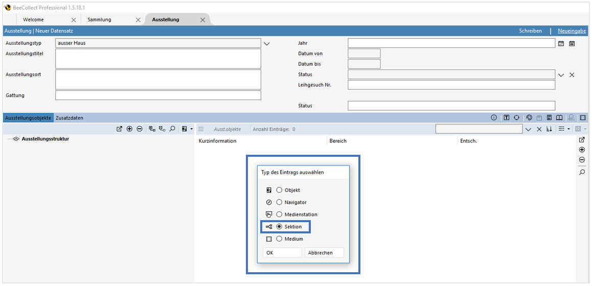 Dialogfenster Typ des Eintrags auswählen Dialogfenster Typ des Eintrags auswählen