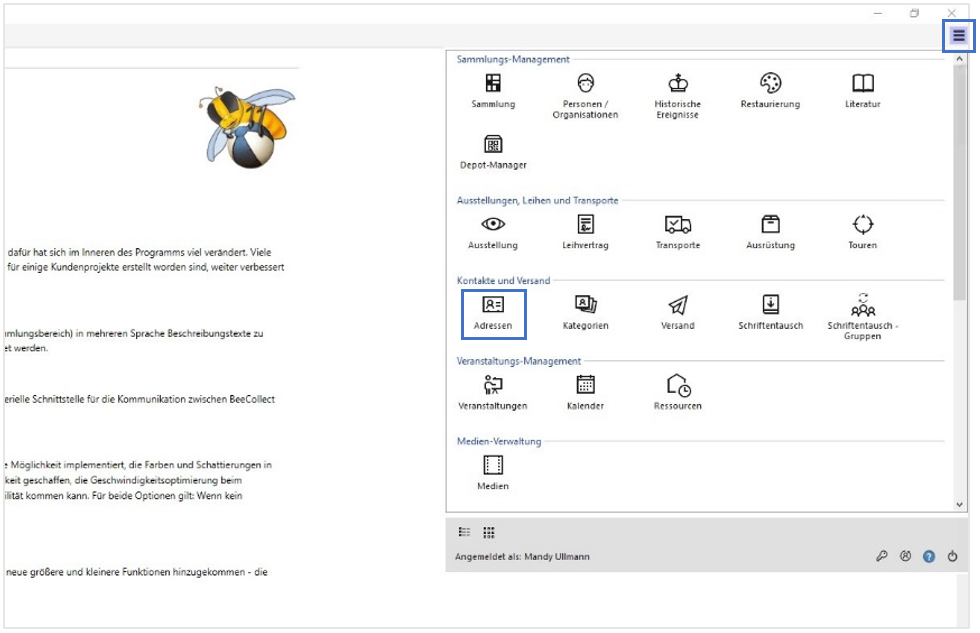 Menü BeeCollect Professional Menü BeeCollect Professional