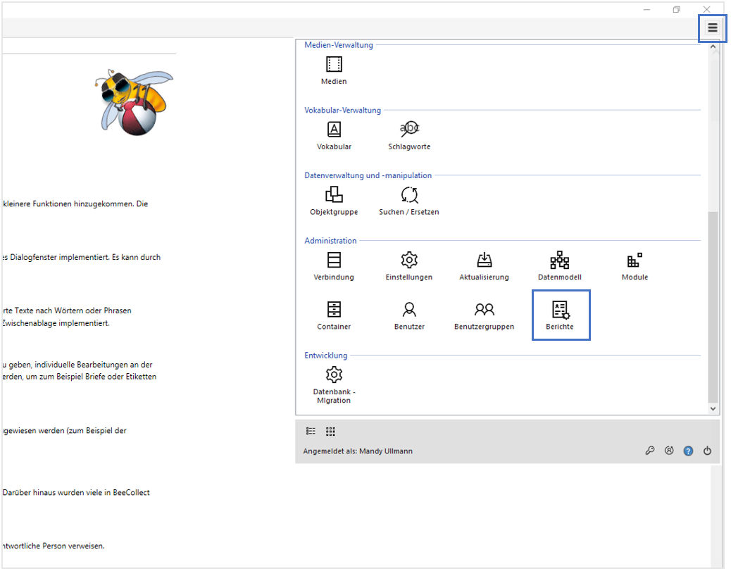 Menü BeeCollect Professional Menü BeeCollect Professional