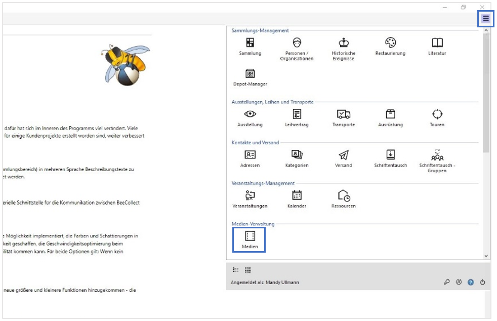 Menü BeeCollect Professional Menü BeeCollect Professional