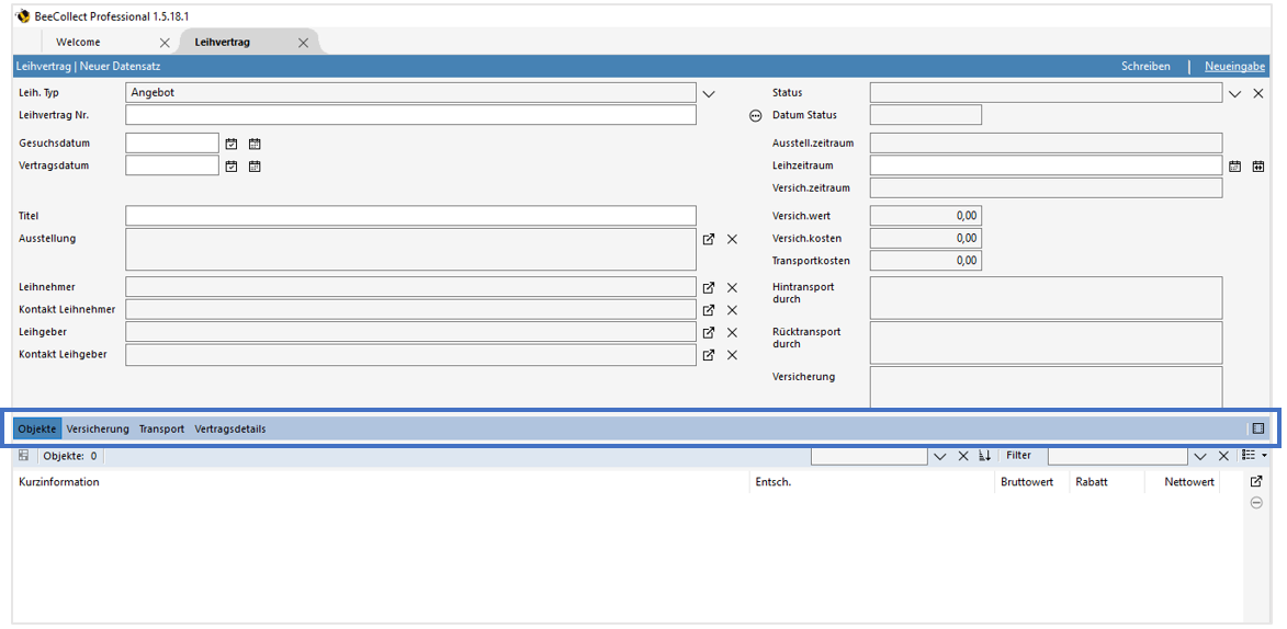 Registerbereiche Modul Leihvertrag Registerbereiche Modul Leihvertrag